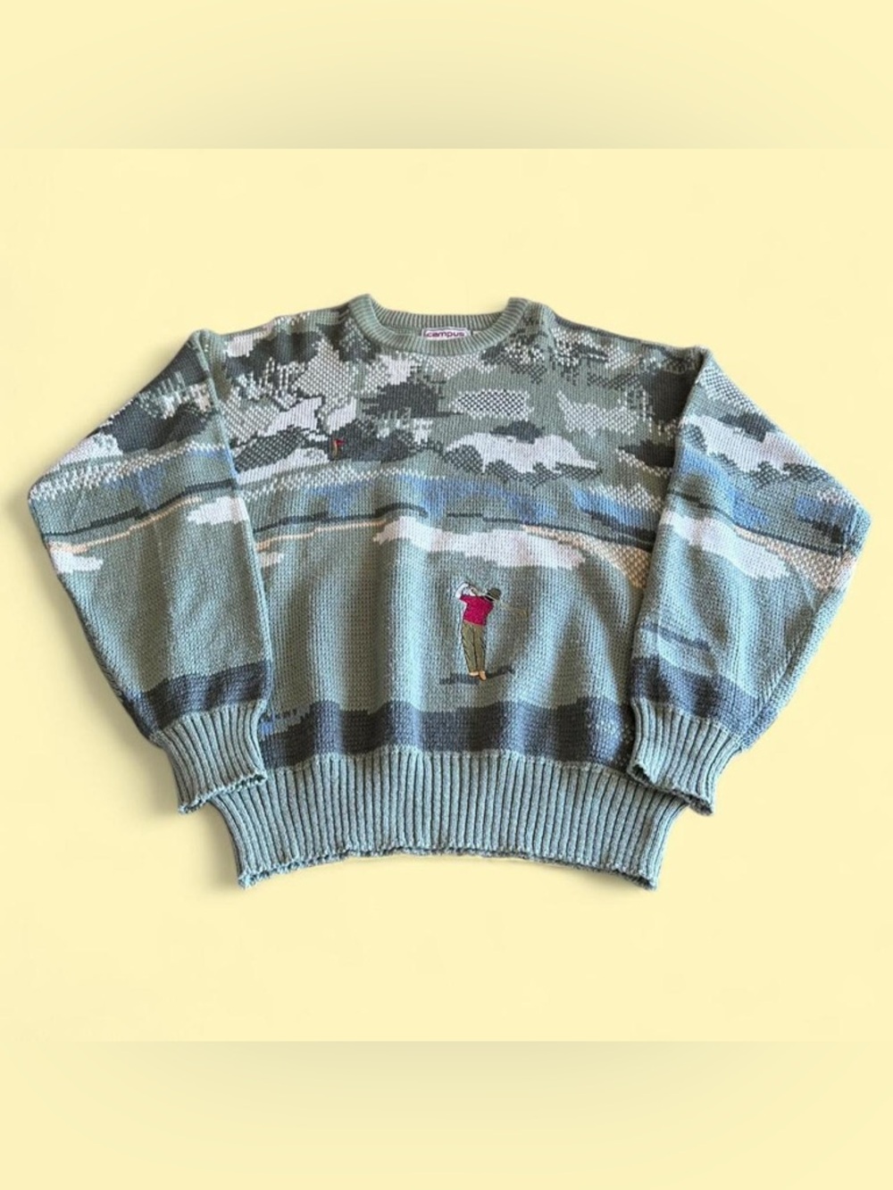 Vintage Campus AOP Golf Sweater Embroidered Green Crewneck XL